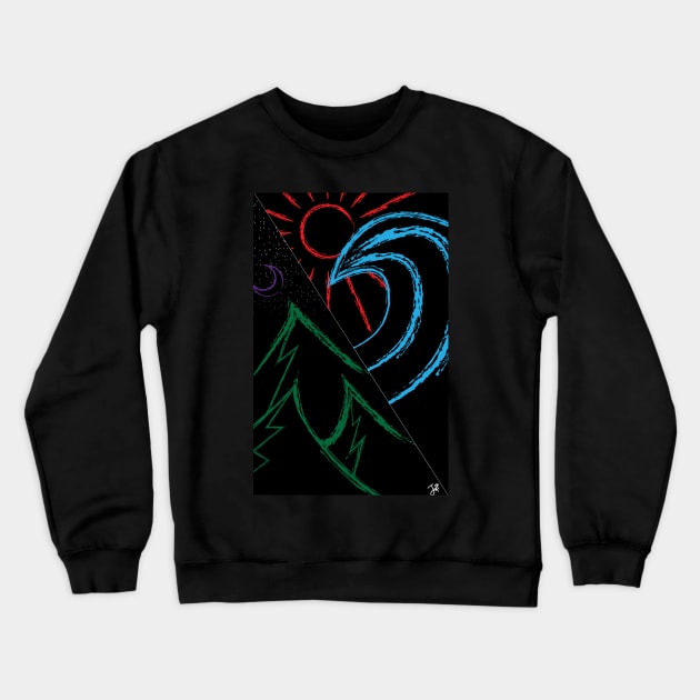 mountains at night on one side, the sunny beach with surf on the other coloured lines Crewneck Sweatshirt by JDP Designs